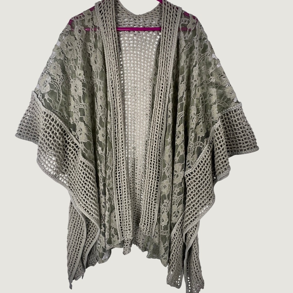 Boho Sage Green Floral Lace Crochet Open Front Kimono Wrap One Size RN 134313